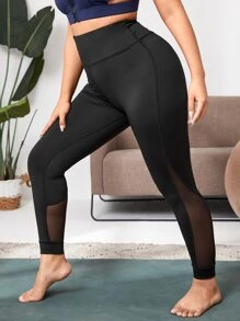 Easithlete Plus Contrast Mesh Sports Leggings - Black - View 3