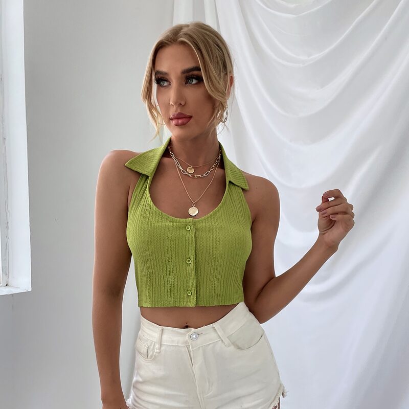 

Button Front Halter Top, Olive green