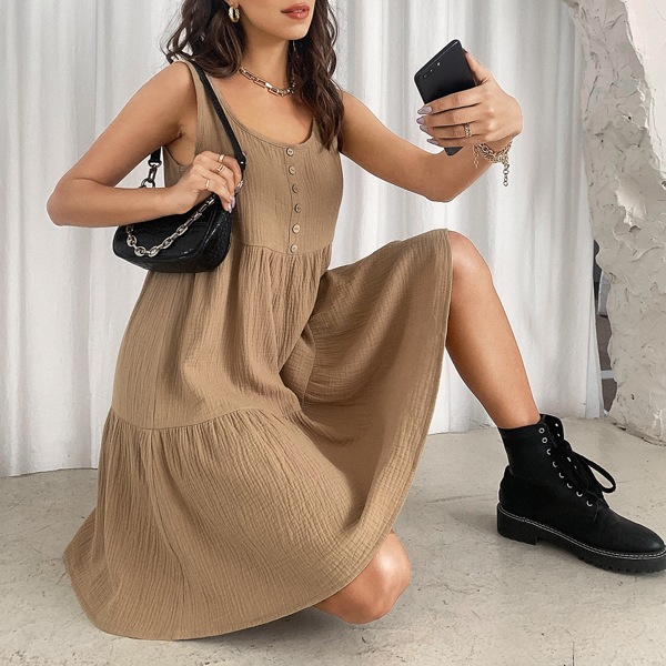 

Button Front Ruffle Hem Smock Dress, Camel