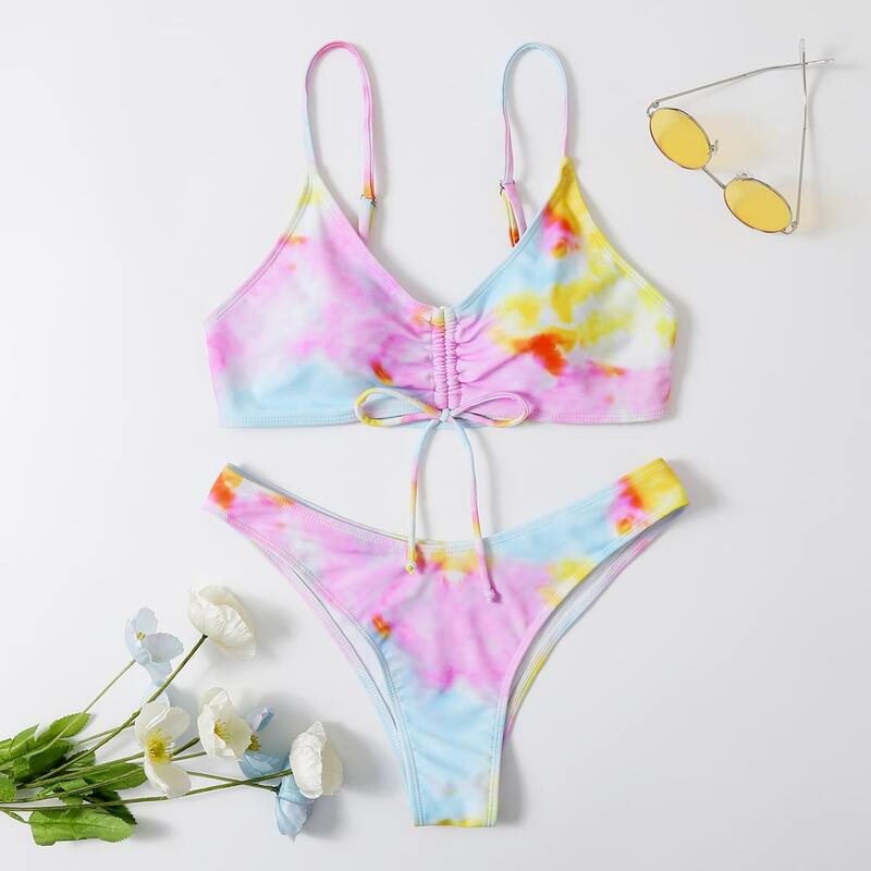 

Tie Dye Drawstring Front Bikini Swimsuit, Multicolor