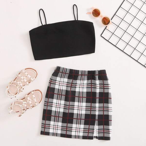 

Girls Solid Cami Top & Split Hem Plaid Skirt Set, Multicolor