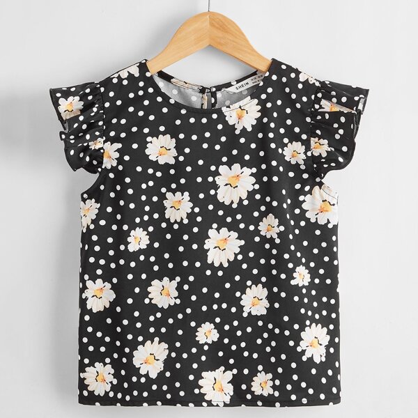 

Girls Floral Print Floral and Polka Dot Top, Multicolor