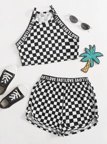 SHEIN Girls Letter Graphic Tape Trim Checked Cami Top & Shorts Set - Black and White - View 1
