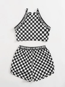 SHEIN Girls Letter Graphic Tape Trim Checked Cami Top & Shorts Set - Black and White - View 2
