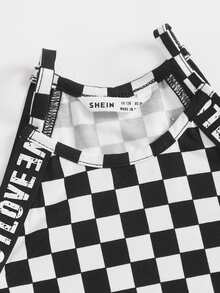 SHEIN Girls Letter Graphic Tape Trim Checked Cami Top & Shorts Set - Black and White - View 3