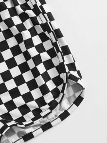 SHEIN Girls Letter Graphic Tape Trim Checked Cami Top & Shorts Set - Black and White - View 4