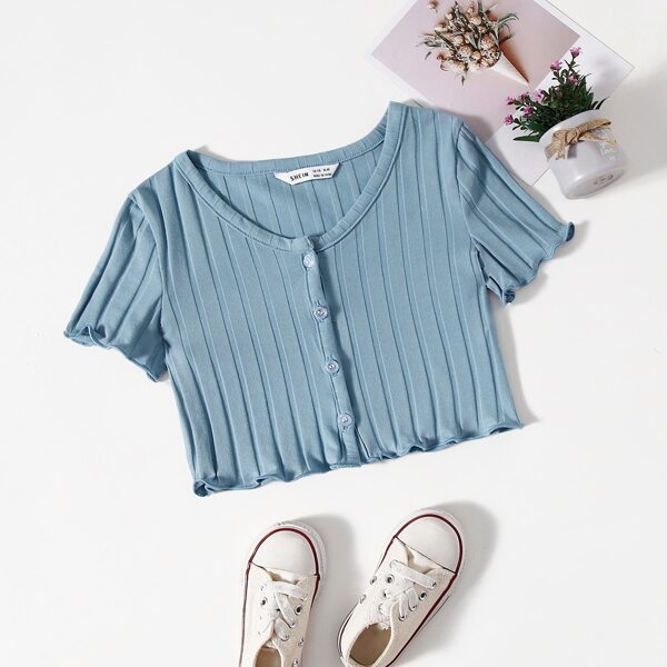 

Girls Single Breasted Lettuce Trim Tee, Dusty blue