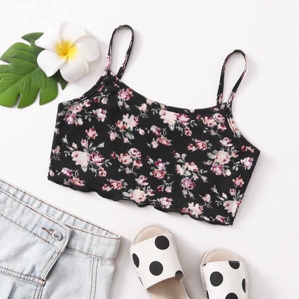 

Girls Lettuce Trim Floral Print Cami Top, Multicolor
