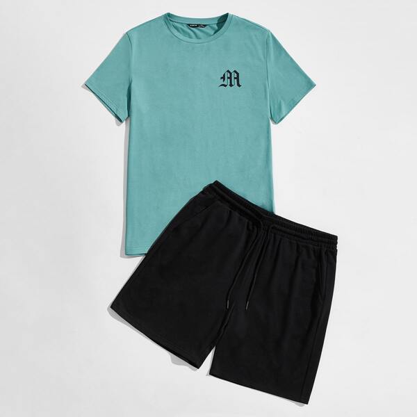 

Men Letter Graphic Tee & Drawstring Track Shorts Set, Multicolor