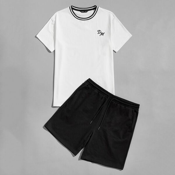 

Men Striped Neck Letter Embroidered Tee & Shorts Set, Black and white