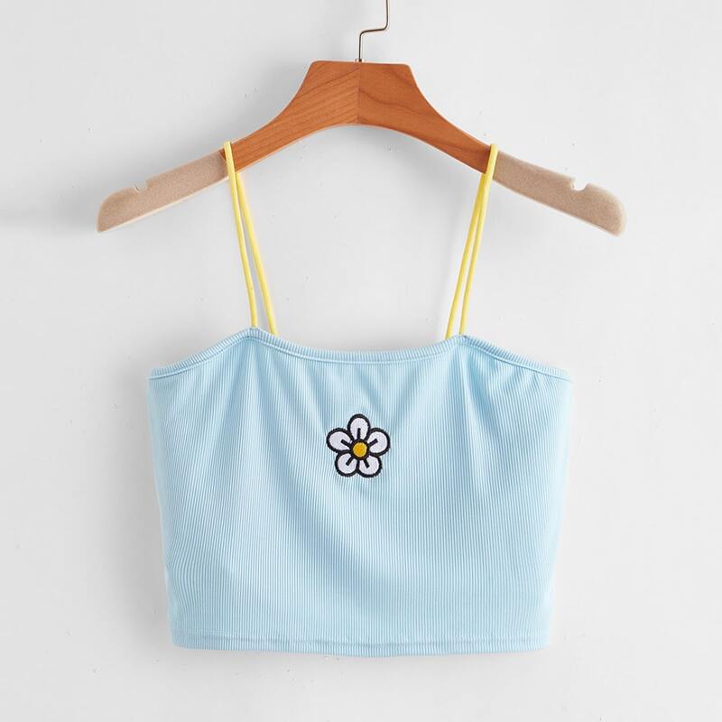 

Floral Embroidery Ribbed Cami, Baby blue