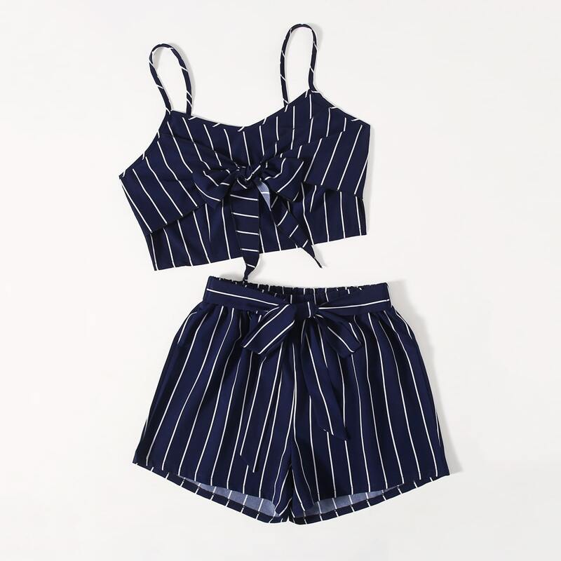 

Striped Bow Cami & Tie Front Shorts, Navy blue