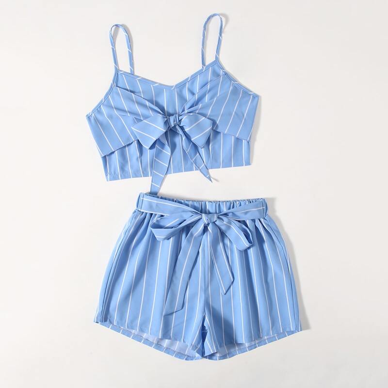 

Striped Bow Crop Cami & Tie Front Shorts, Baby blue