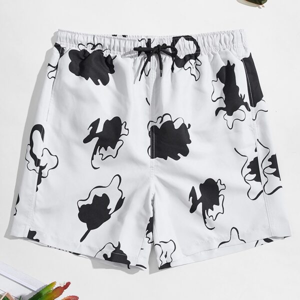 

Men Graphic Print Drawstring Swim Trunks, White