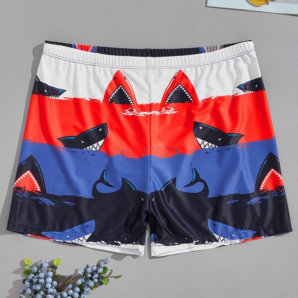

Men Shark Print Straight Leg Swim Trunks, Multicolor