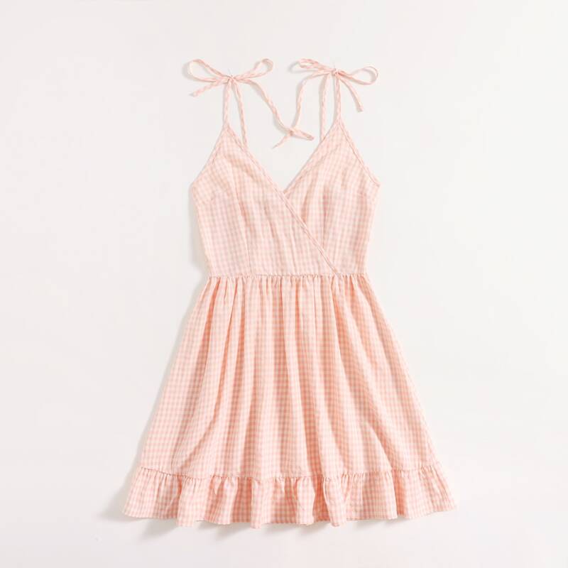 

Gingham Wrap Tie Shoulder Cami Dress, Multicolor