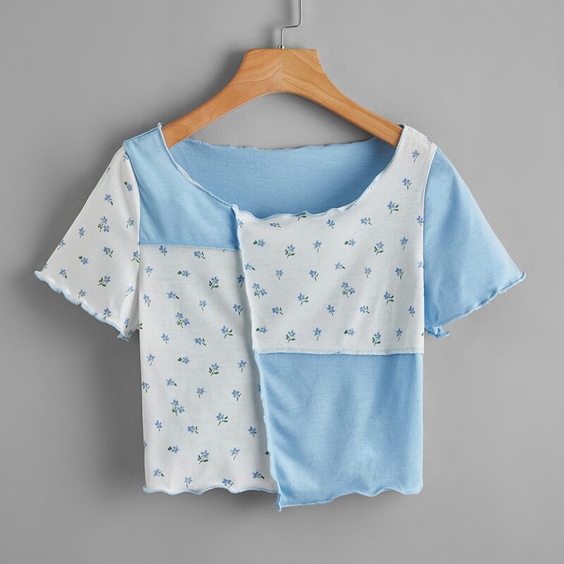 

Stitching Ditsy Floral Lettuce Trim Crop Tee, Blue and white
