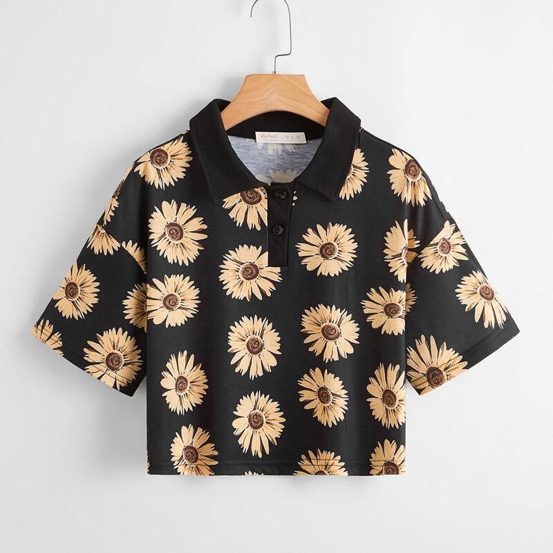 

Sunflower Graphic Polo Neck Tee, Black