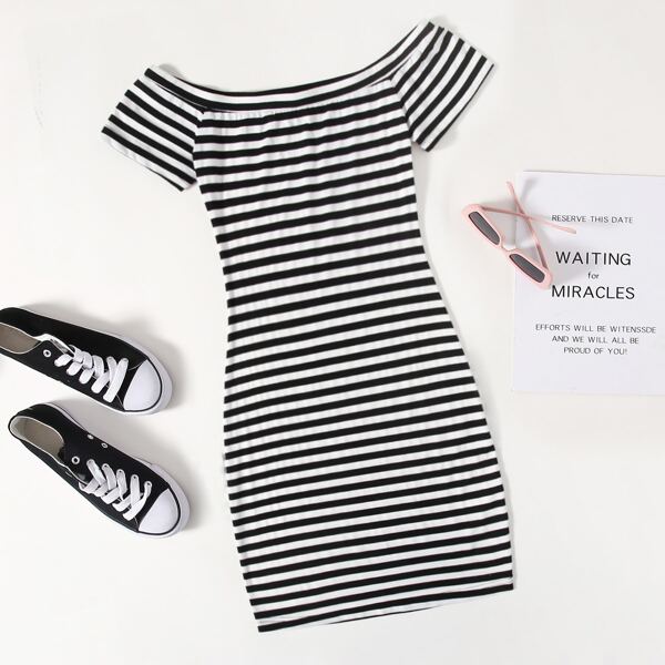 

Striped Off Shoulder Bodycon Dress, Black and white