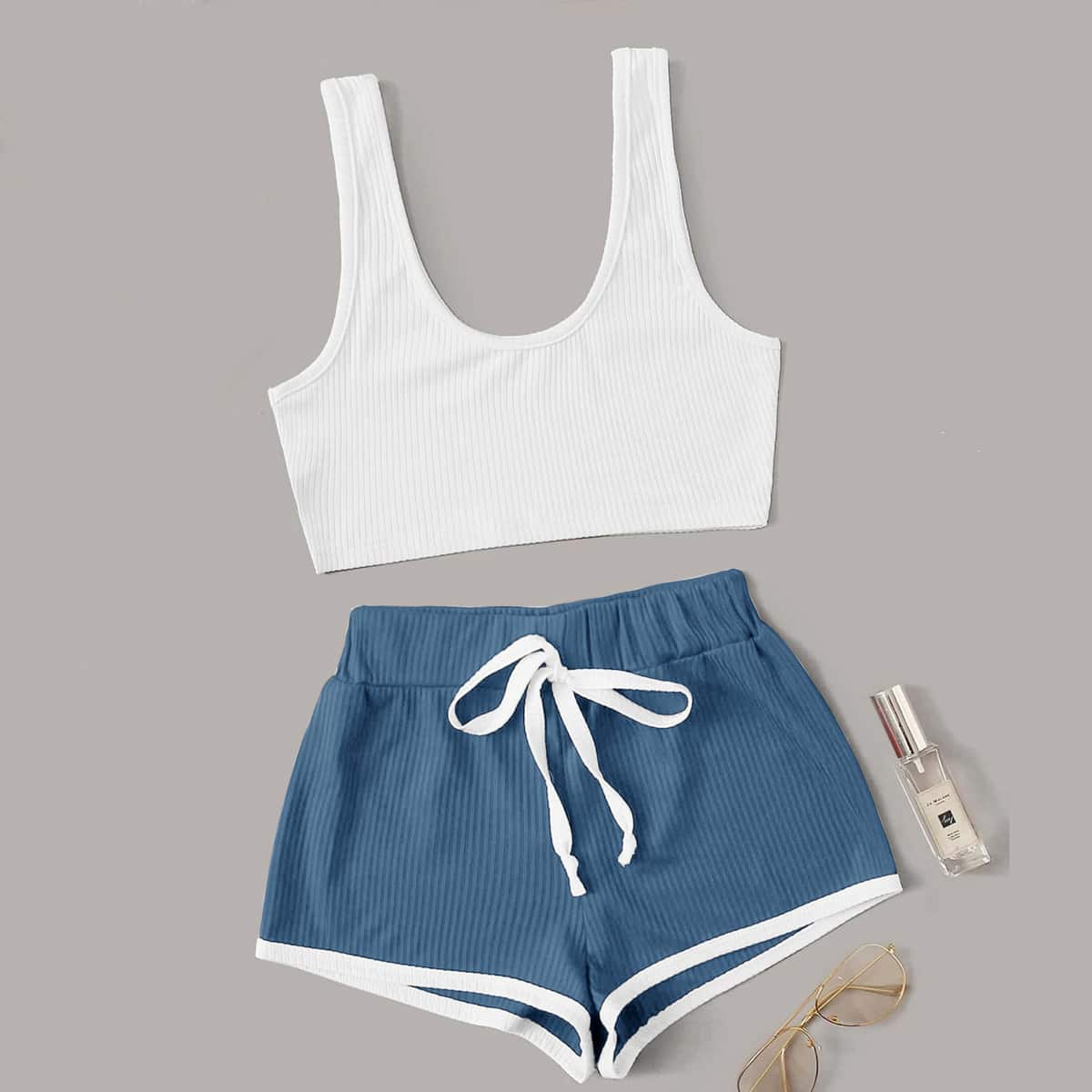 

Letter Graphic Knot Front Lounge Set, Blue and white