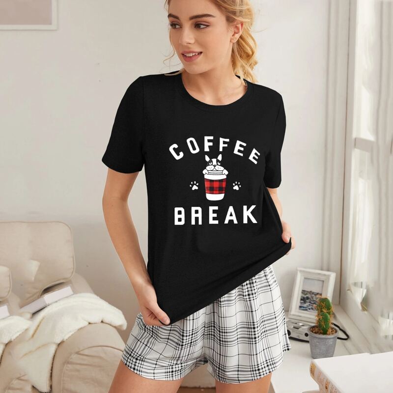

Cartoon And Plaid Print Pajama Set, Black and white