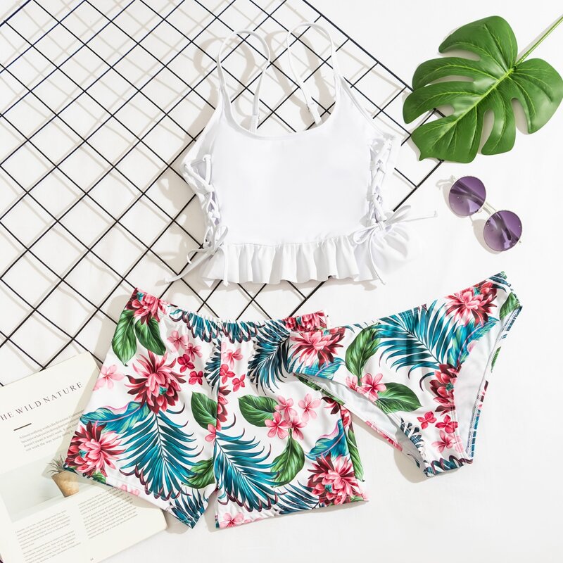 

Tropical & Floral Ruffle Hem Lace-up Bikini Swimsuit, Multicolor