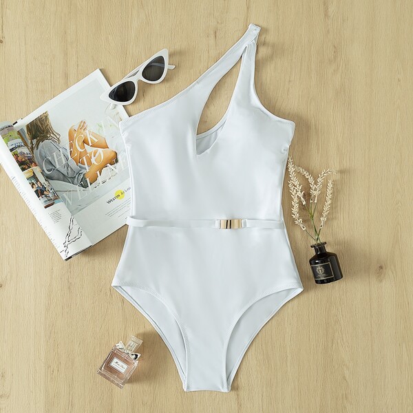 

Cut-out One Shoulder One Piece Swimsuit, White