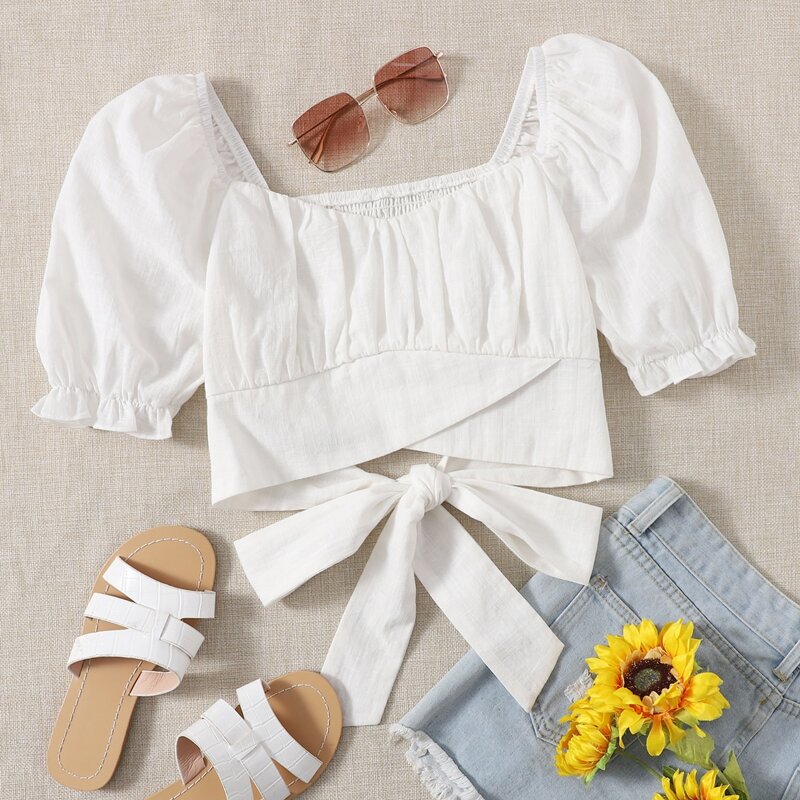 

Ruched Bust Cross Wrap Tie Back Puff Sleeve Crop Top, White