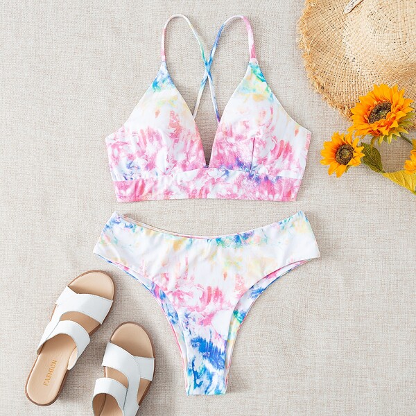 

Tie Dye Lace-up Back Bikini Swimsuit, Multicolor