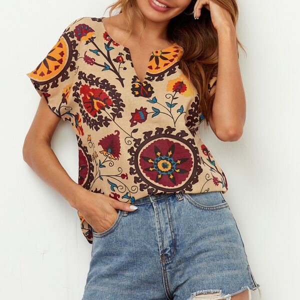 

Notch Neck Floral Print Top, Multicolor