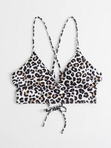 Leopard Tie Back Bikini Top, For Summer Beach Vacation - Multicolor - View 1