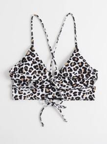 Leopard Tie Back Bikini Top, For Summer Beach Vacation - Multicolor - View 2