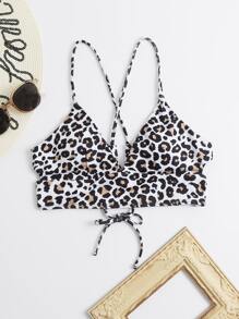 Leopard Tie Back Bikini Top, For Summer Beach Vacation - Multicolor - View 4
