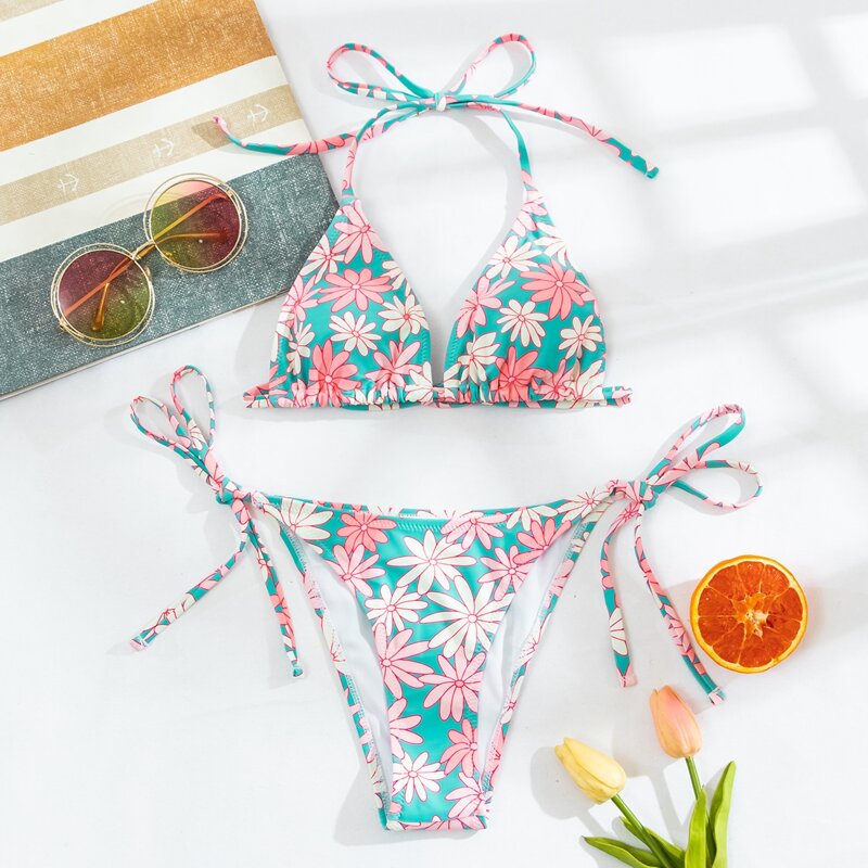

Floral Triangle Tie Side Bikini Swimsuit, Multicolor