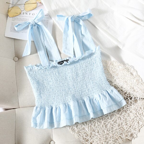 

Shirred Ruffle Hem Cami Top, Baby blue