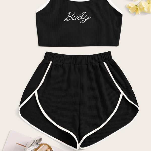 

Letter Graphic Rib Cami Pajama Set, Black