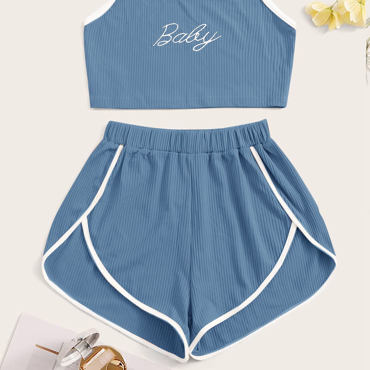

Letter Graphic Rib Cami Pajama Set, Blue