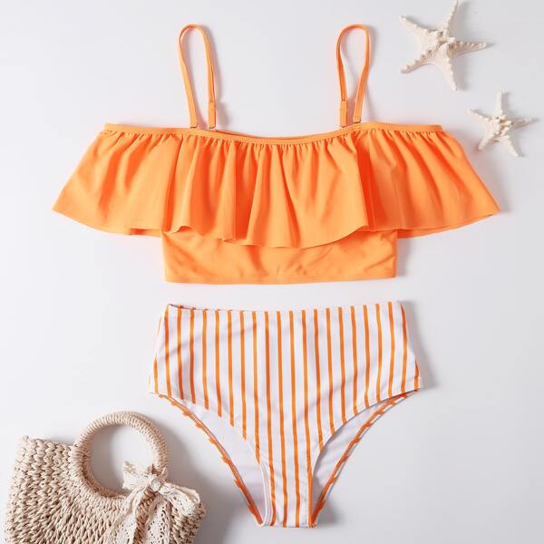 

Striped Flounce High Waisted Bikini Swimsuit, Orange