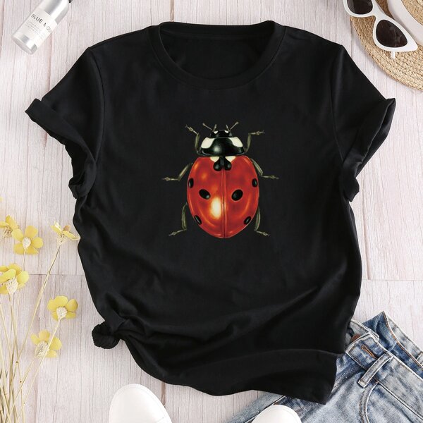 

Ladybug Print Crew Neck Tee, Black