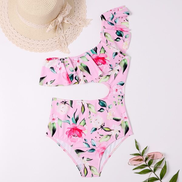 

Floral Cut-out Ruffle One Shoulder One Piece Swimsuit, Multicolor