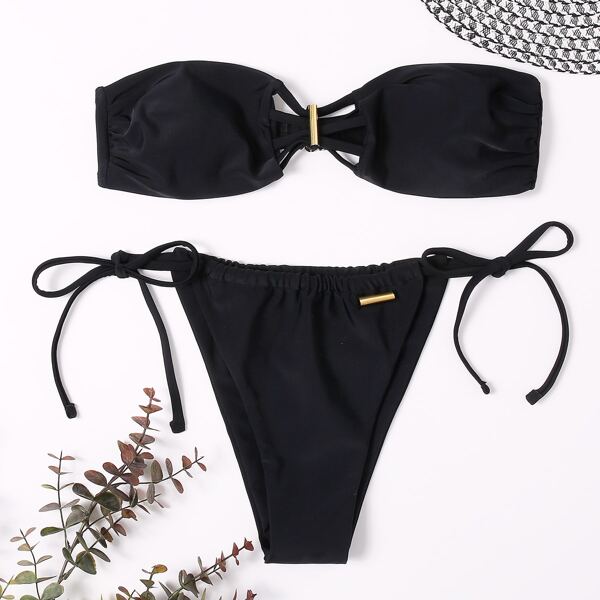 

Cut-out Bandeau Tie Side Bikini Swimsuit, Black