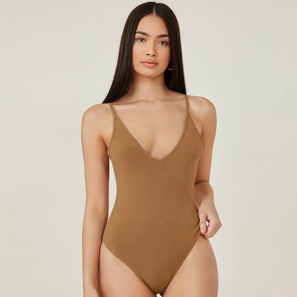 

Double V-neck Solid Form Fitted Slip Bodysuit, Khaki