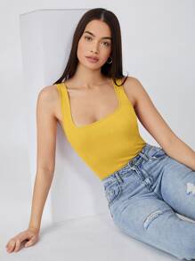 SHEIN BASICS Cotton Scoop Neck Solid Tank Top - Yellow - View 1