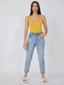 SHEIN BASICS Cotton Scoop Neck Solid Tank Top - Yellow - View 3