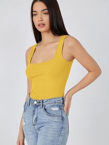 SHEIN BASICS Cotton Scoop Neck Solid Tank Top - Yellow - View 5