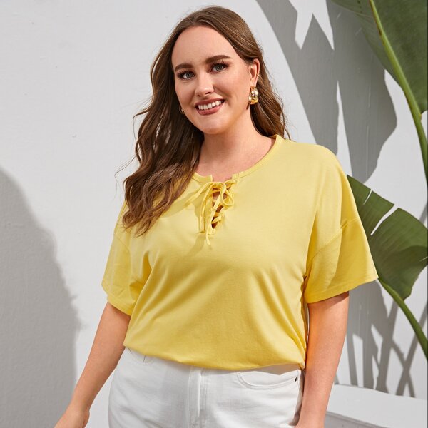 

Plus Lace Up Front Drop Shoulder Tee, Yellow