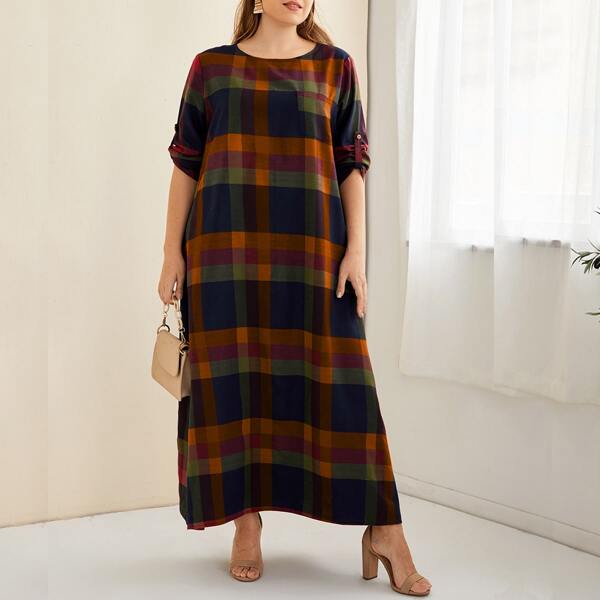 

Plus Plaid Roll Up Sleeve Tunic Dress, Multicolor
