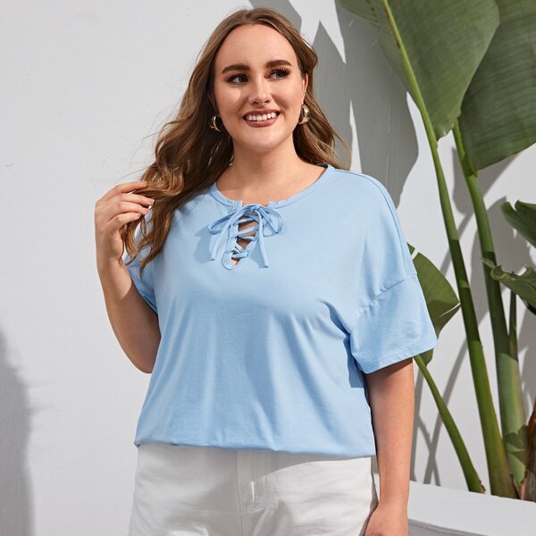 

Plus Lace Up Front Drop Shoulder Tee, Baby blue