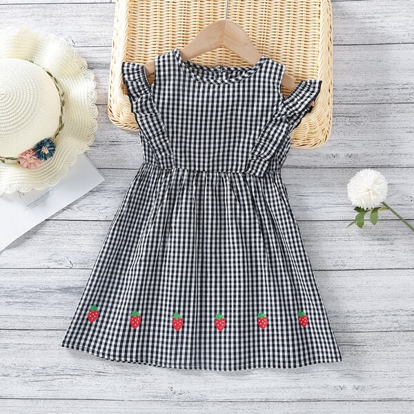

Toddler Girls Strawberry And Gingham Print Ruffle Trim Dress, Black and white