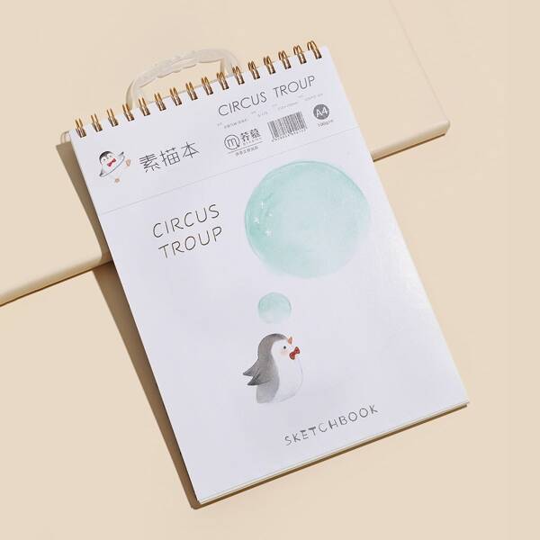 

1pc Cartoon Penguin Print Cover Spiral Sketchbook, Green